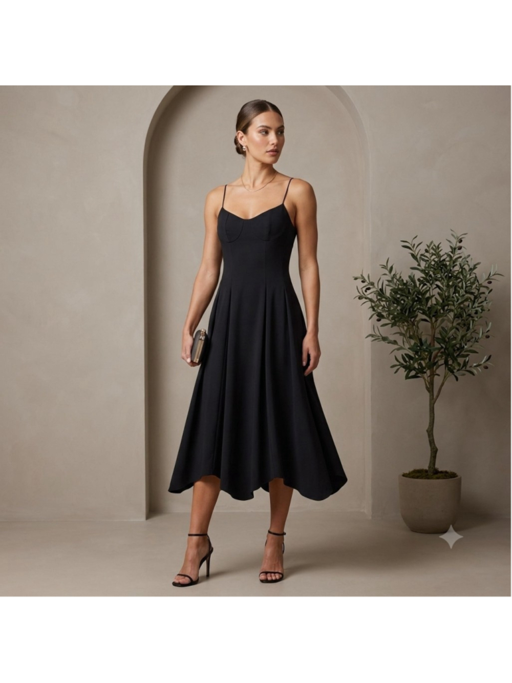 Commense Black Midi Dress Size L Bustier Fit & Flare Spaghetti Strap EUC